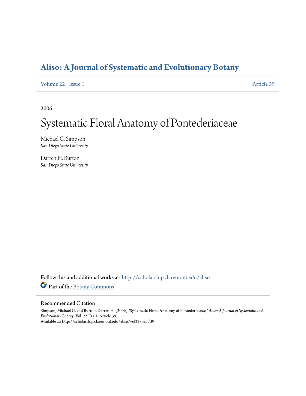 Systematic Floral Anatomy of Pontederiaceae Michael G