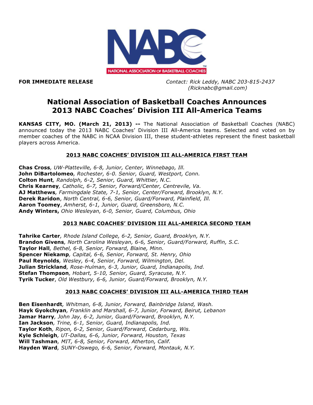 National Association of Basketball Coaches Announces 2013 NABC Coaches’ Division III All-America Teams