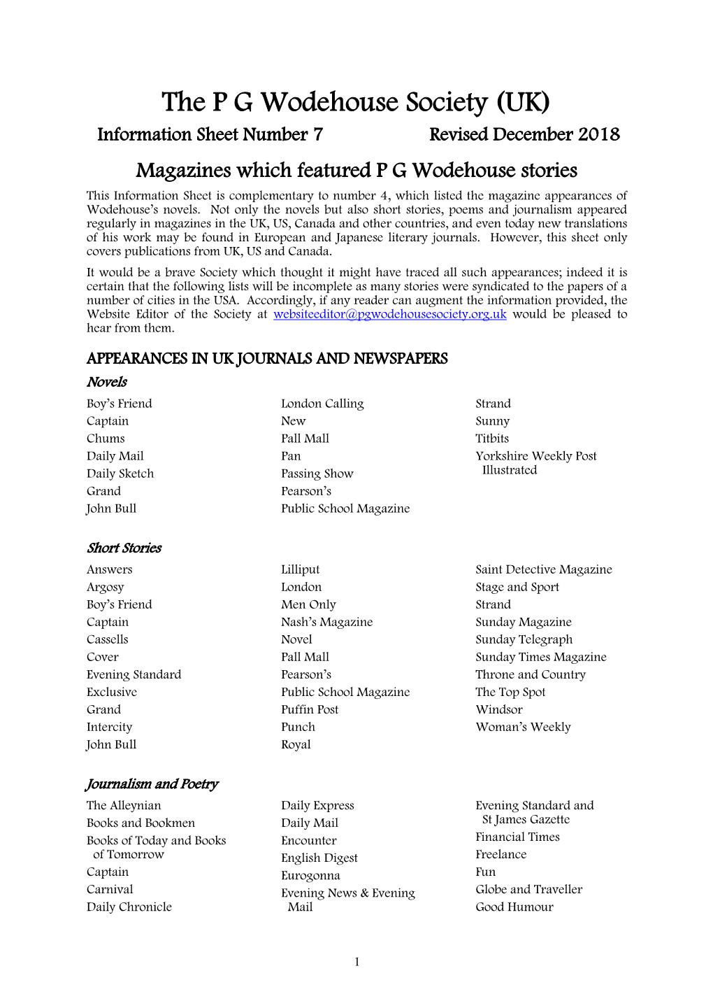 Magazines Which Featured P G Wodehouse Stories This Information Sheet Is Complementary to Number 4, Which Listed the Magazine Appearances of Wodehouse’S Novels