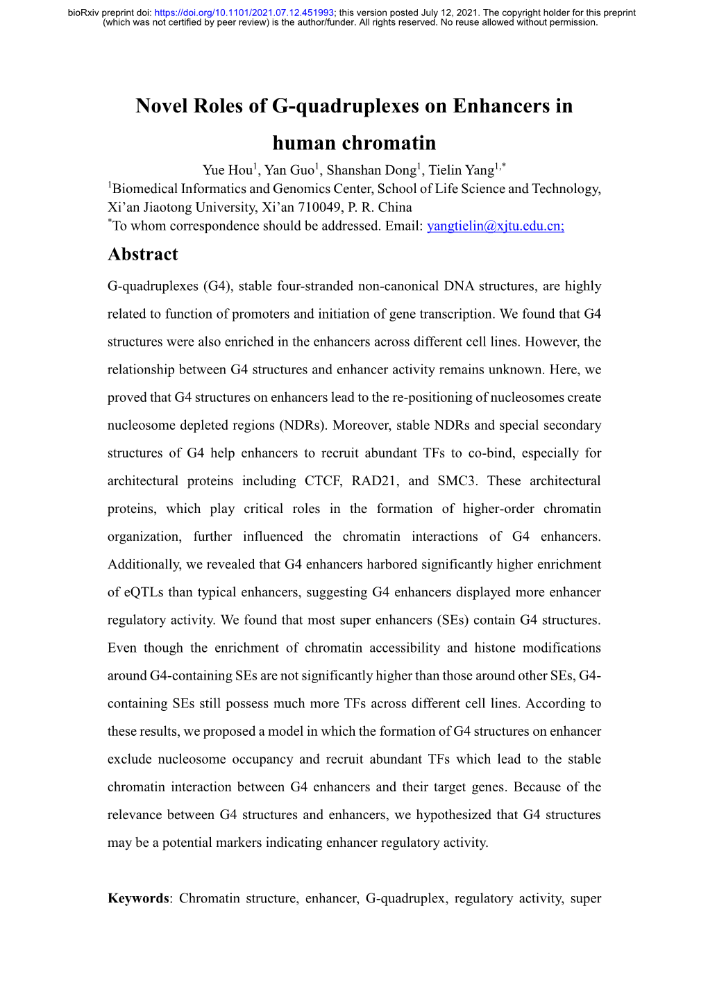 Novel Roles of G-Quadruplexes on Enhancers in Human Chromatin