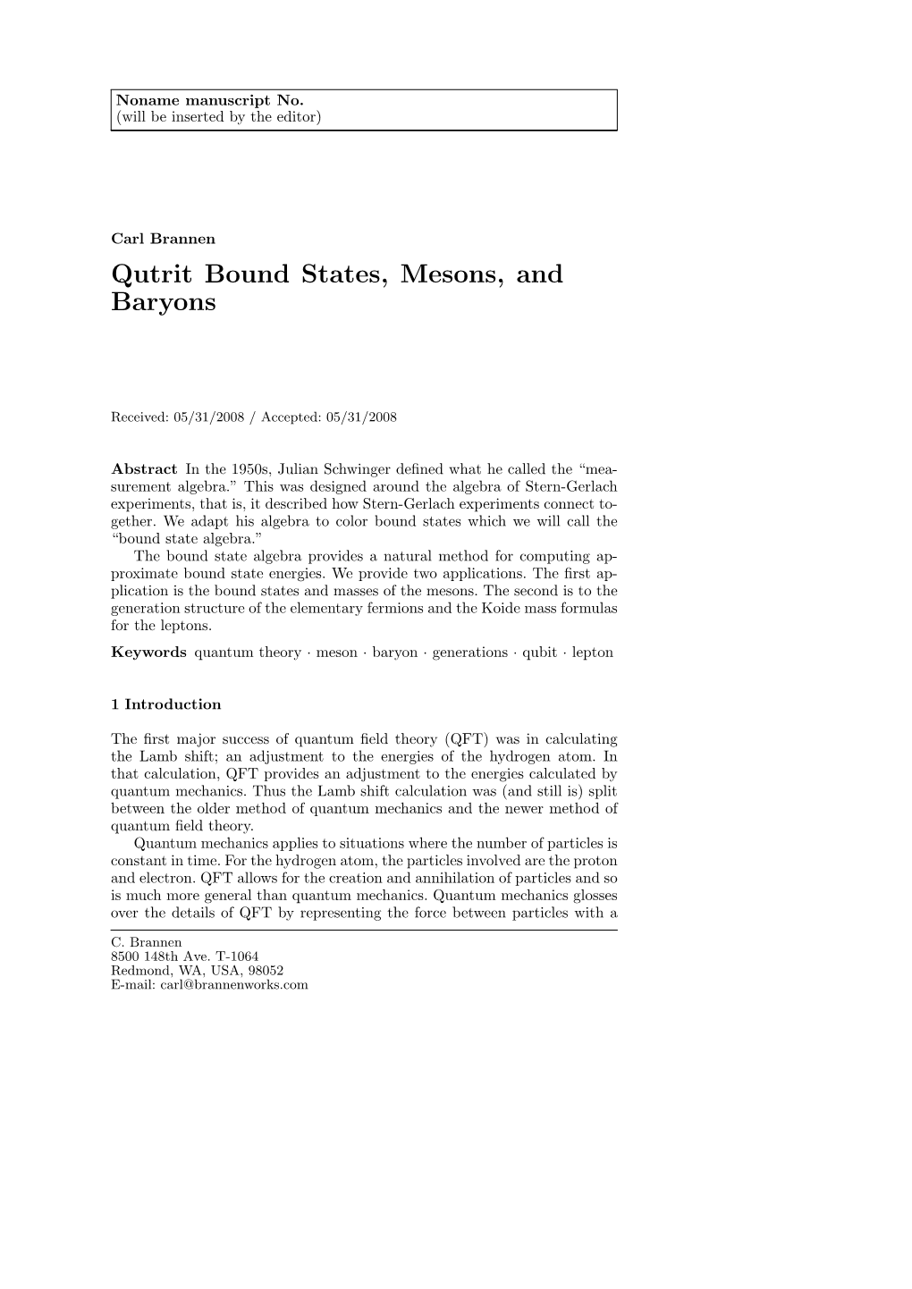 Qutrit Bound States, Mesons, and Baryons