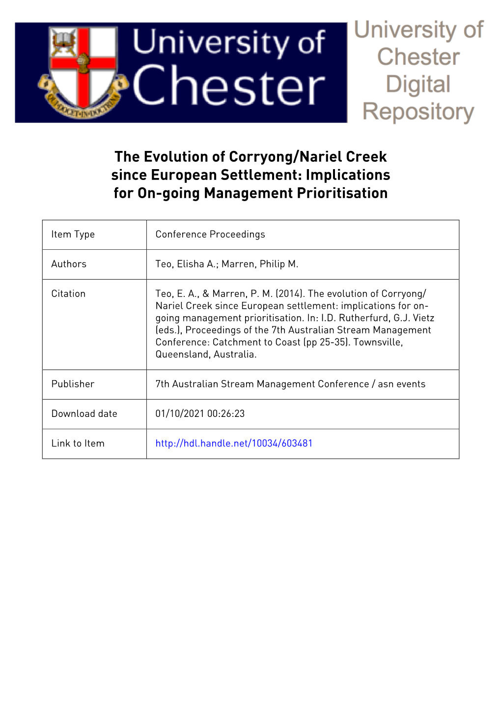 The Evolution of Corryong/Nariel Creek Since European Settlement: Implications for On-Going Management Prioritisation