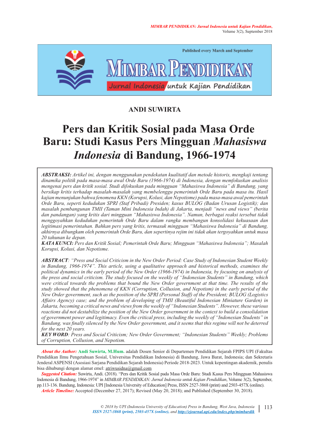Pers Dan Kritik Sosial Pada Masa Orde Baru: Studi Kasus Pers Mingguan Mahasiswa Indonesia Di Bandung, 1966-1974