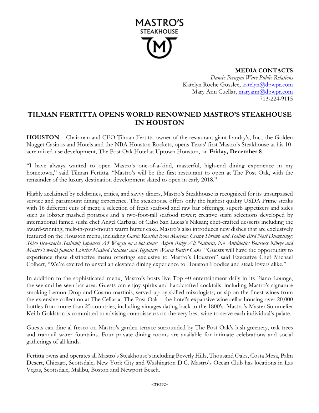 Tilman Fertitta Opens World Renowned Mastro's