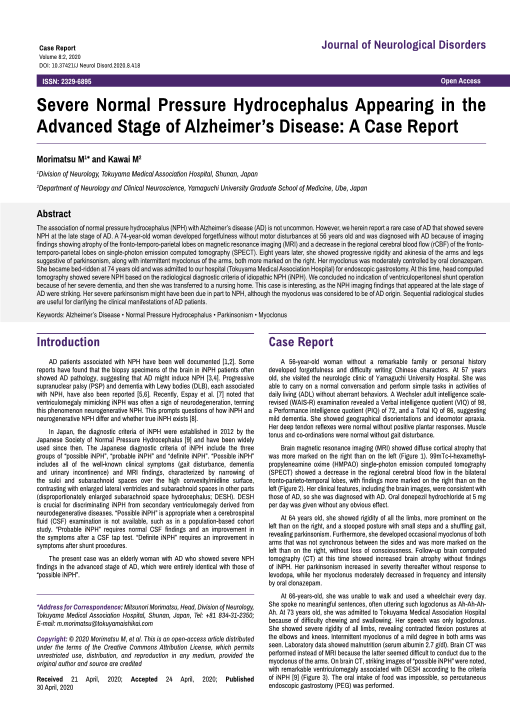 Severe Normal Pressure Hydrocephalus Appearing in the Advanced Stage of Alzheimer’S Disease: a Case Report