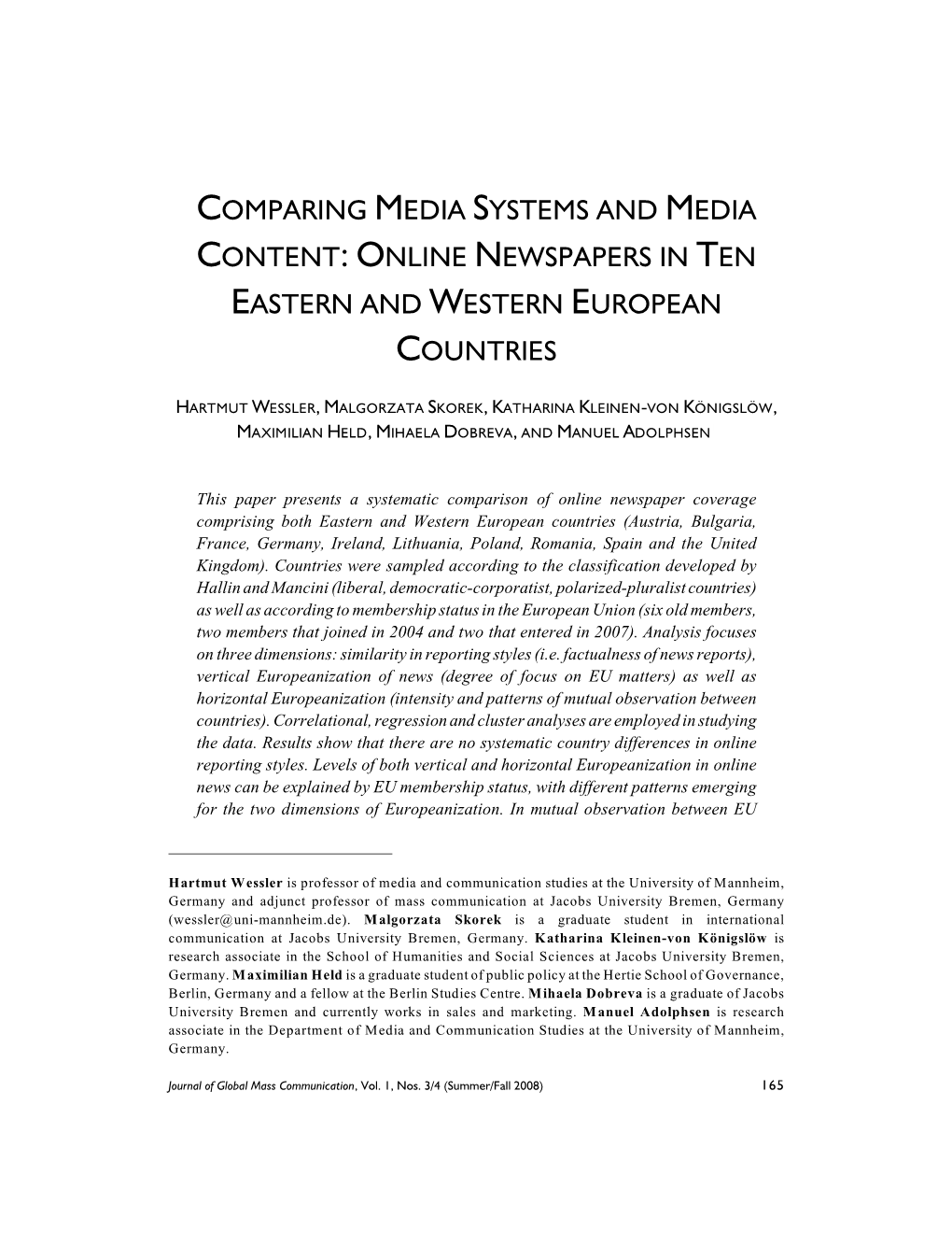 Comparing Media Systems and Media Content: Online Newspapers in Ten Eastern and Western European Countries