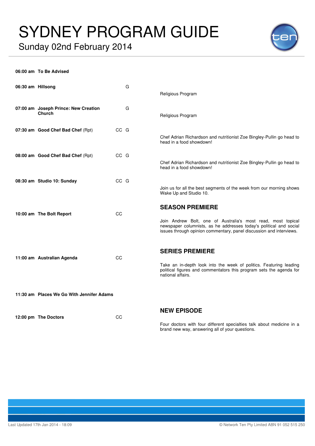 SYDNEY PROGRAM GUIDE Sunday 02Nd February 2014