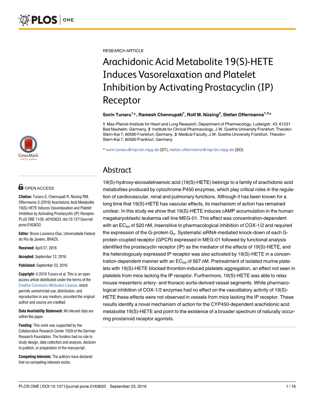 Arachidonic Acid Metabolite 19(S)-HETE Induces Vasorelaxation and Platelet Inhibition by Activating Prostacyclin (IP) Receptor
