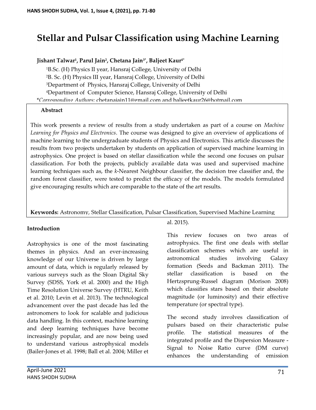 Stellar and Pulsar Classification Using Machine Learning