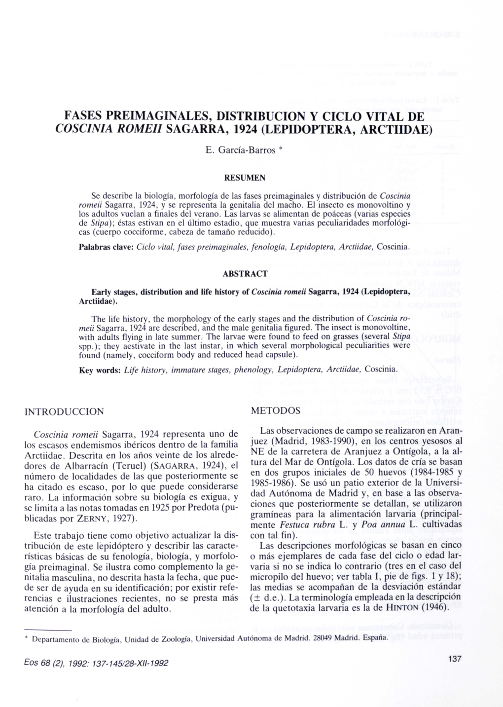 Fases Preimaginales, Distribucion Y Ciclo Vital De Coscinia Romei! Sagarra, 1924 (Lepidoptera, Arctiidae) E