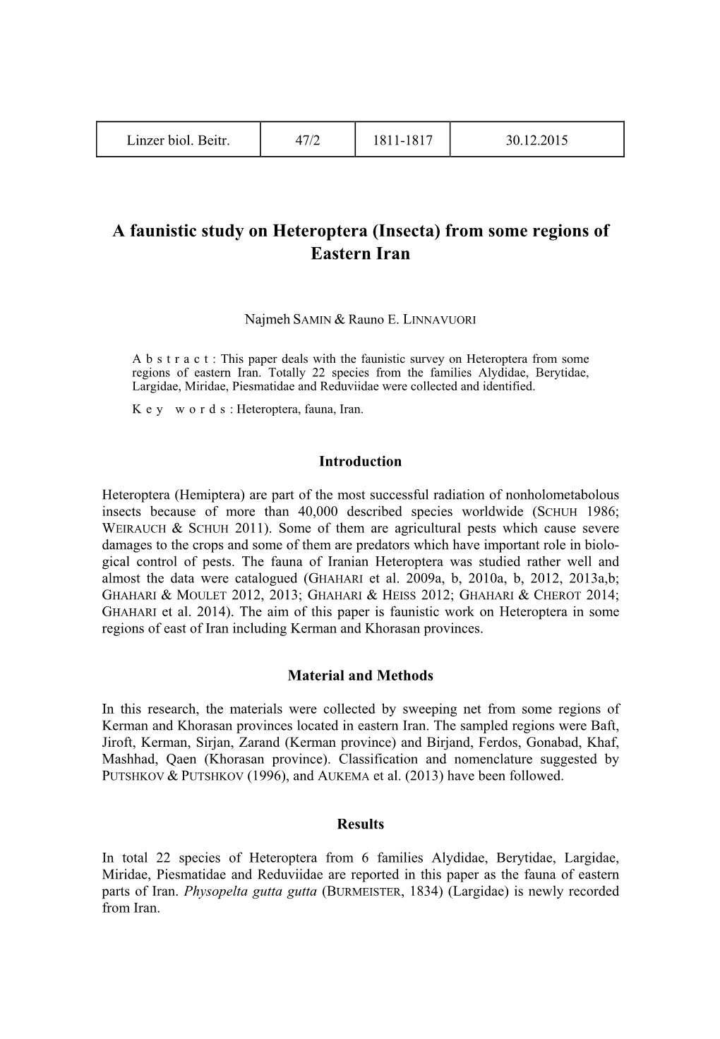 A Faunistic Study on Heteroptera (Insecta) from Some Regions of Eastern Iran