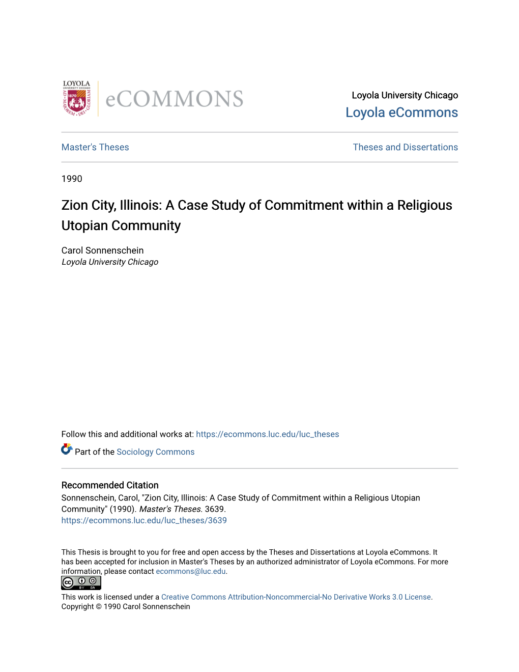 Zion City, Illinois: a Case Study of Commitment Within a Religious Utopian Community