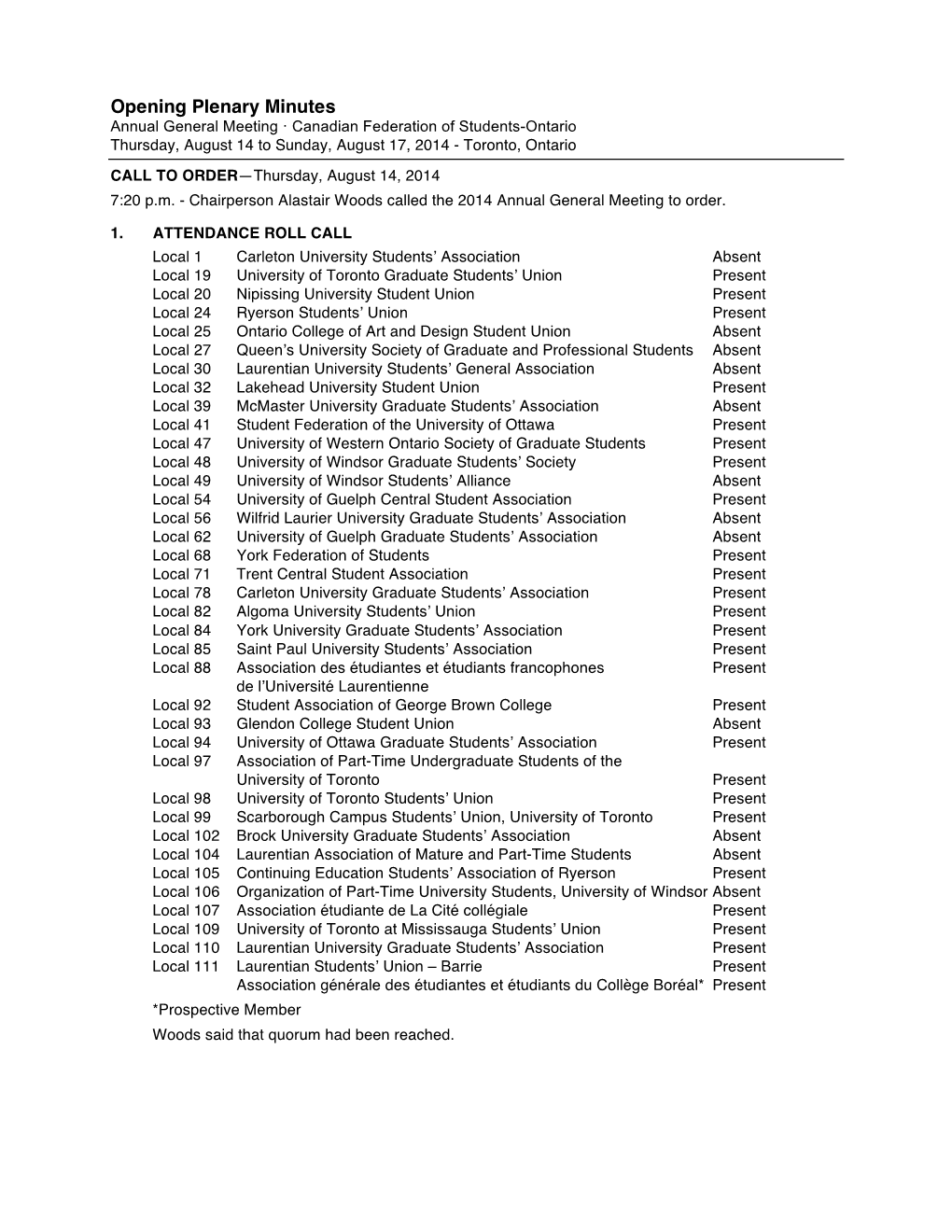 Opening Plenary Minutes