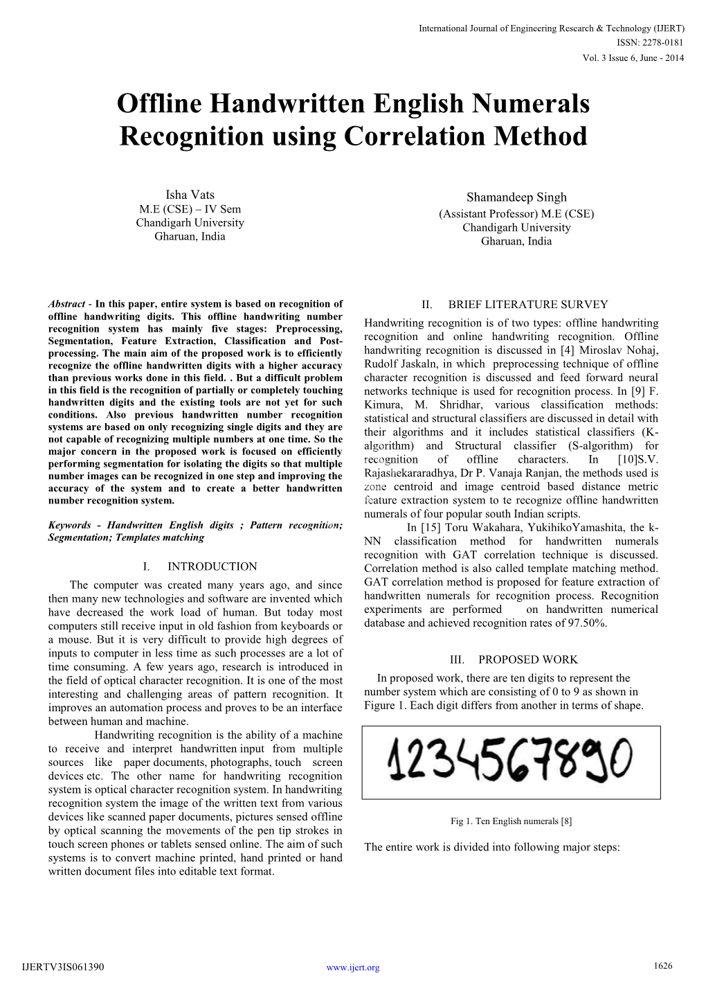 Offline Handwritten English Numerals Recognition Using Correlation Method