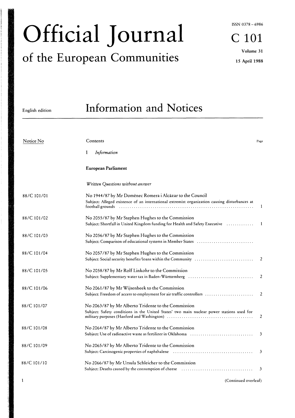 Official Journal C 101 Volume 31 of the European Communities 15 April 1988