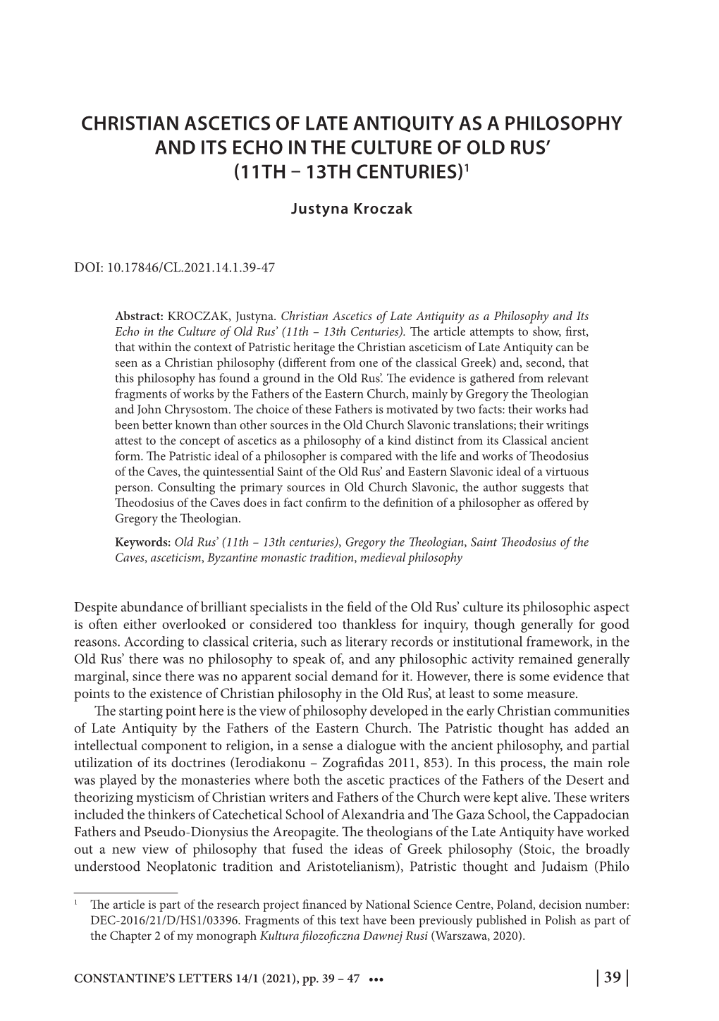 Christian Ascetics of Late Antiquity As a Philosophy and Its Echo in the Culture of Old Rus’ (11Th – 13Th Centuries)1