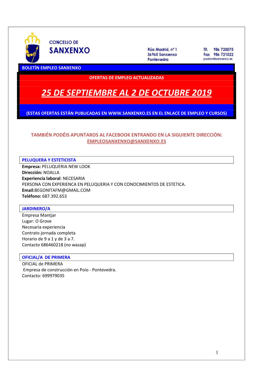 Boletín Empleo Sanxenxo Del 23 De Septiembre Al 2 De