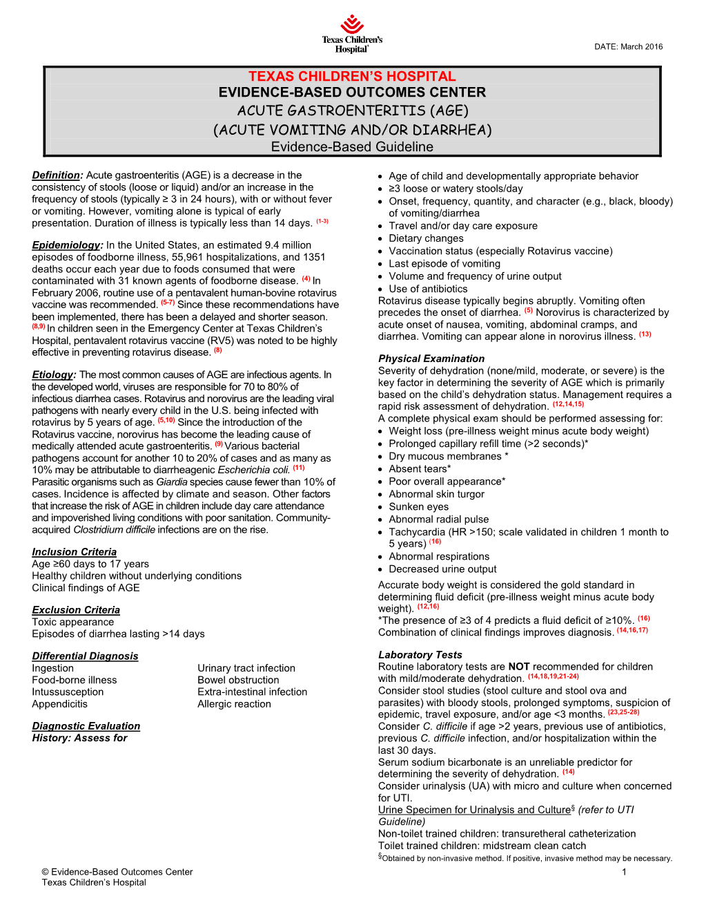 (AGE) (ACUTE VOMITING AND/OR DIARRHEA) Evidence-Based Guideline