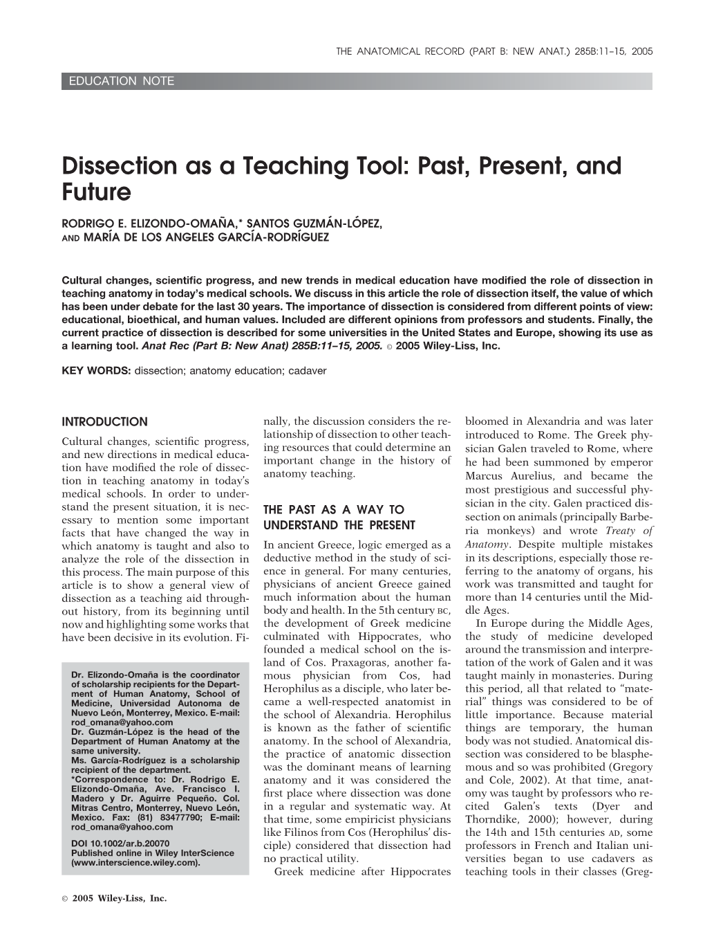 Dissection As a Teaching Tool: Past, Present, and Future