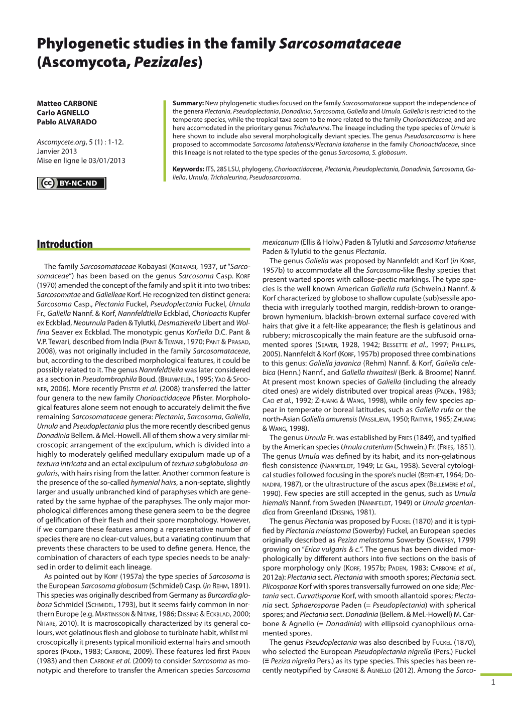 Phylogenetic Studies in the Family Sarcosomataceae (Ascomycota, Pezizales)