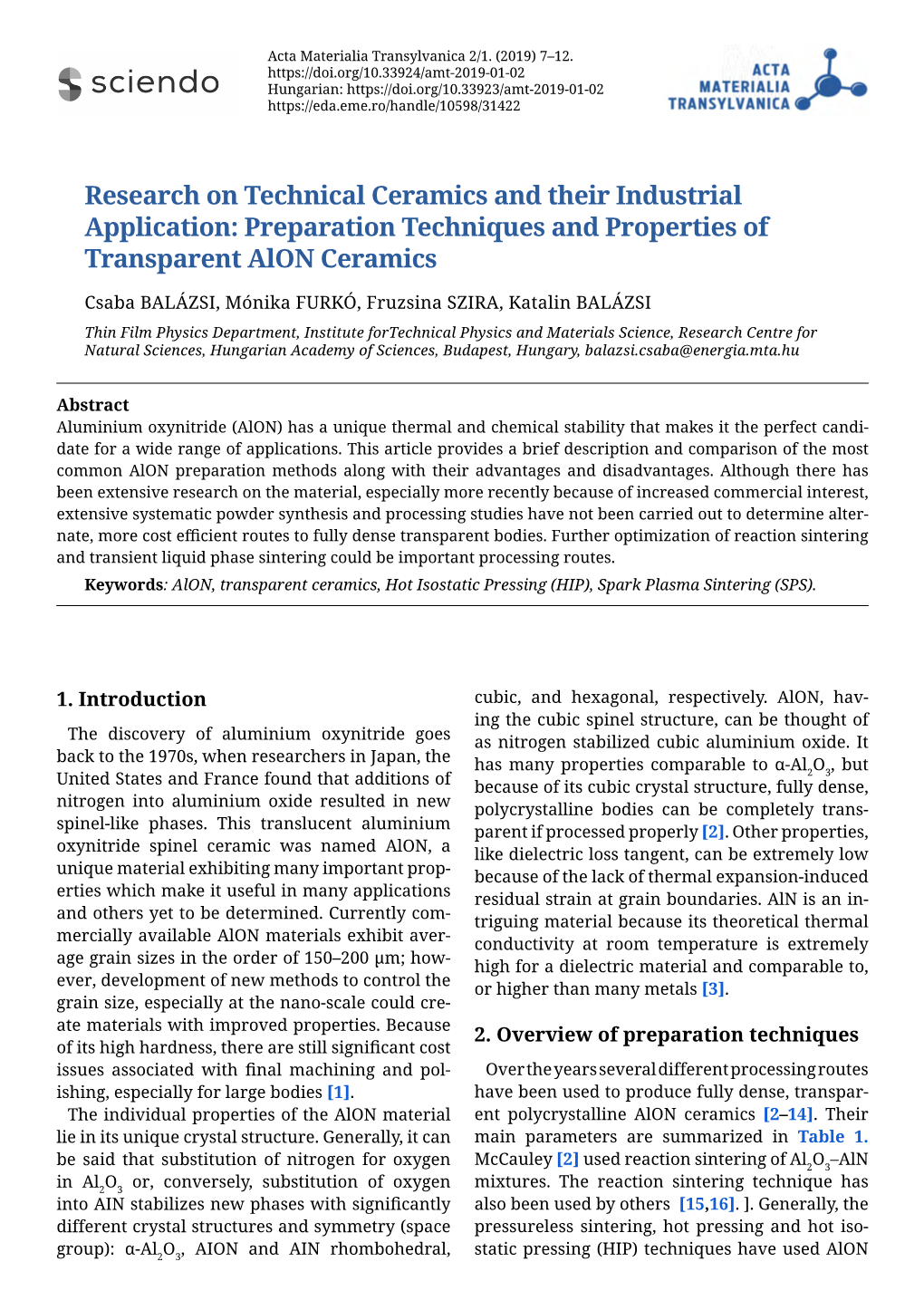 Preparation Techniques and Properties of Transparent Alon Ceramics