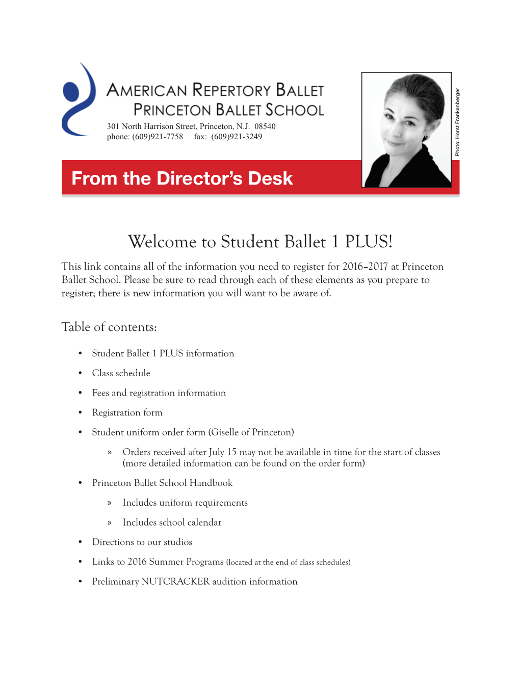 Welcome to Student Ballet 1 PLUS! from the Director's Desk