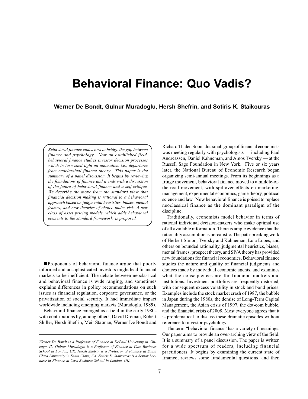 Behavioral Finance – De Bondt Et