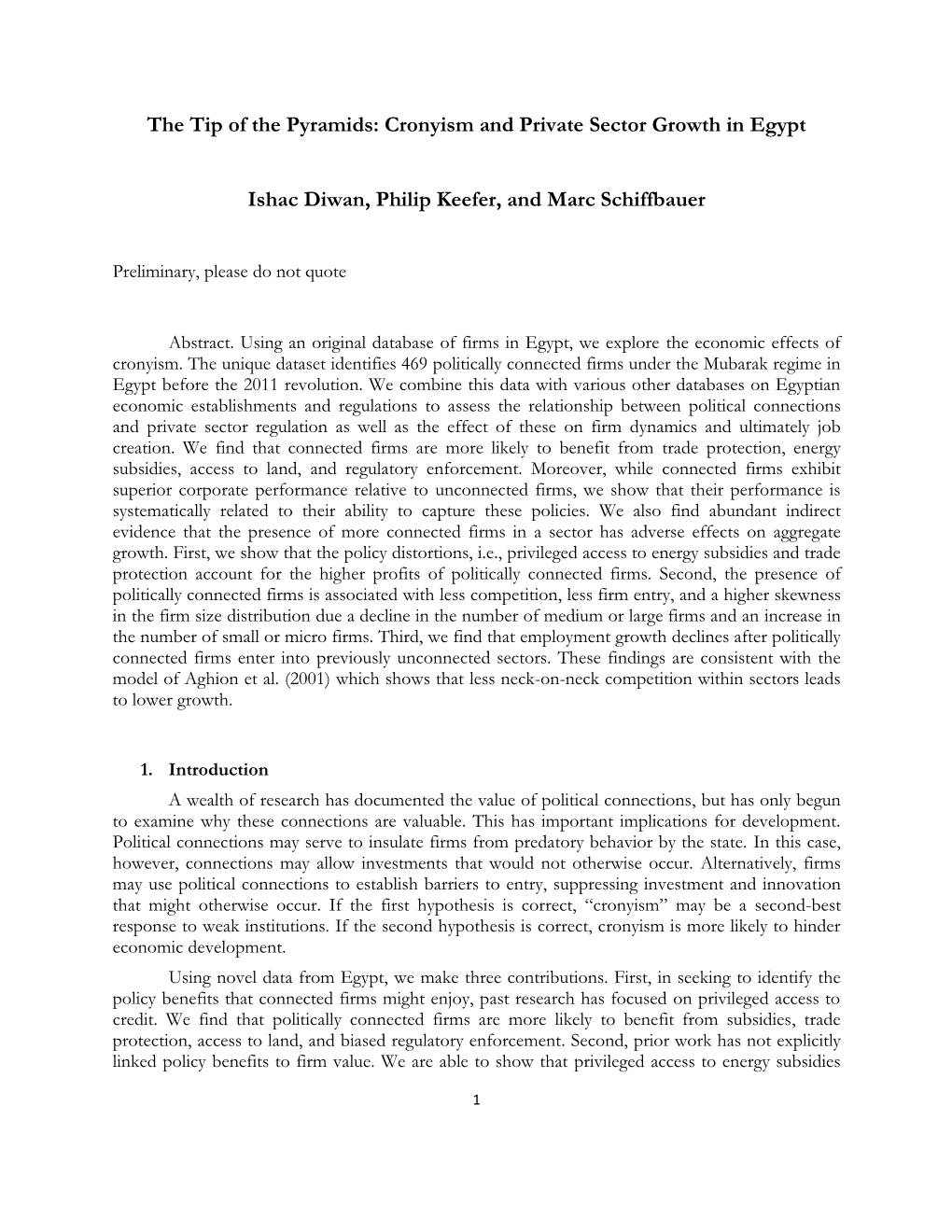 Cronyism and Private Sector Growth in Egypt Ishac Diwan, Philip Keefer