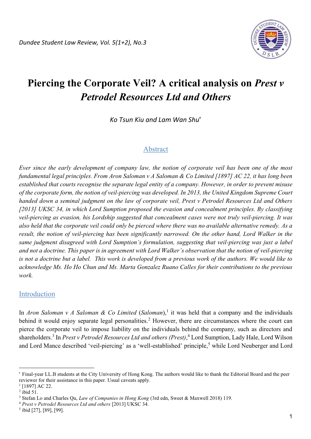 Piercing the Corporate Veil? a Critical Analysis on Prest V Petrodel Resources Ltd and Others