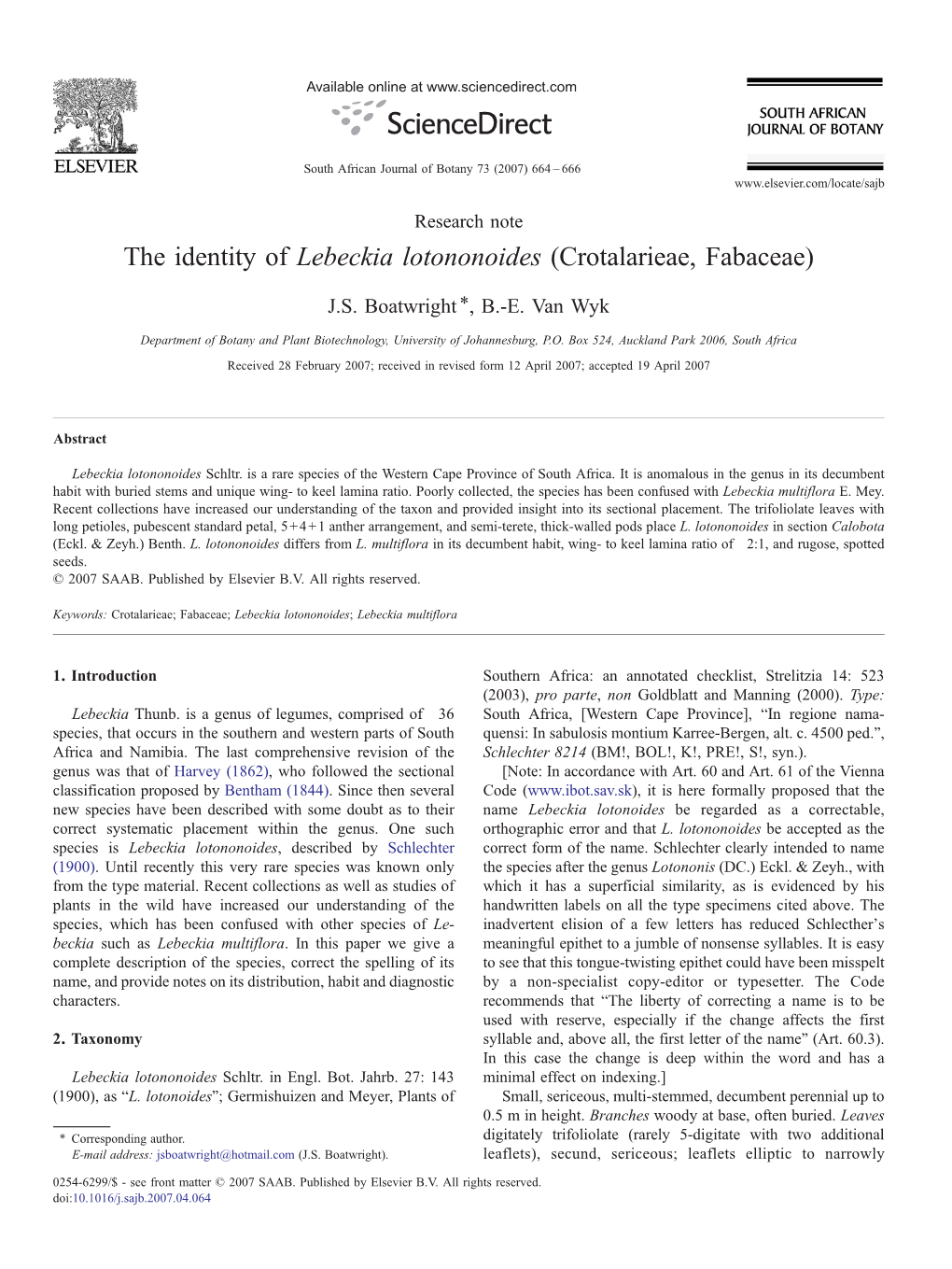 The Identity of Lebeckia Lotononoides (Crotalarieae, Fabaceae) ⁎ J.S