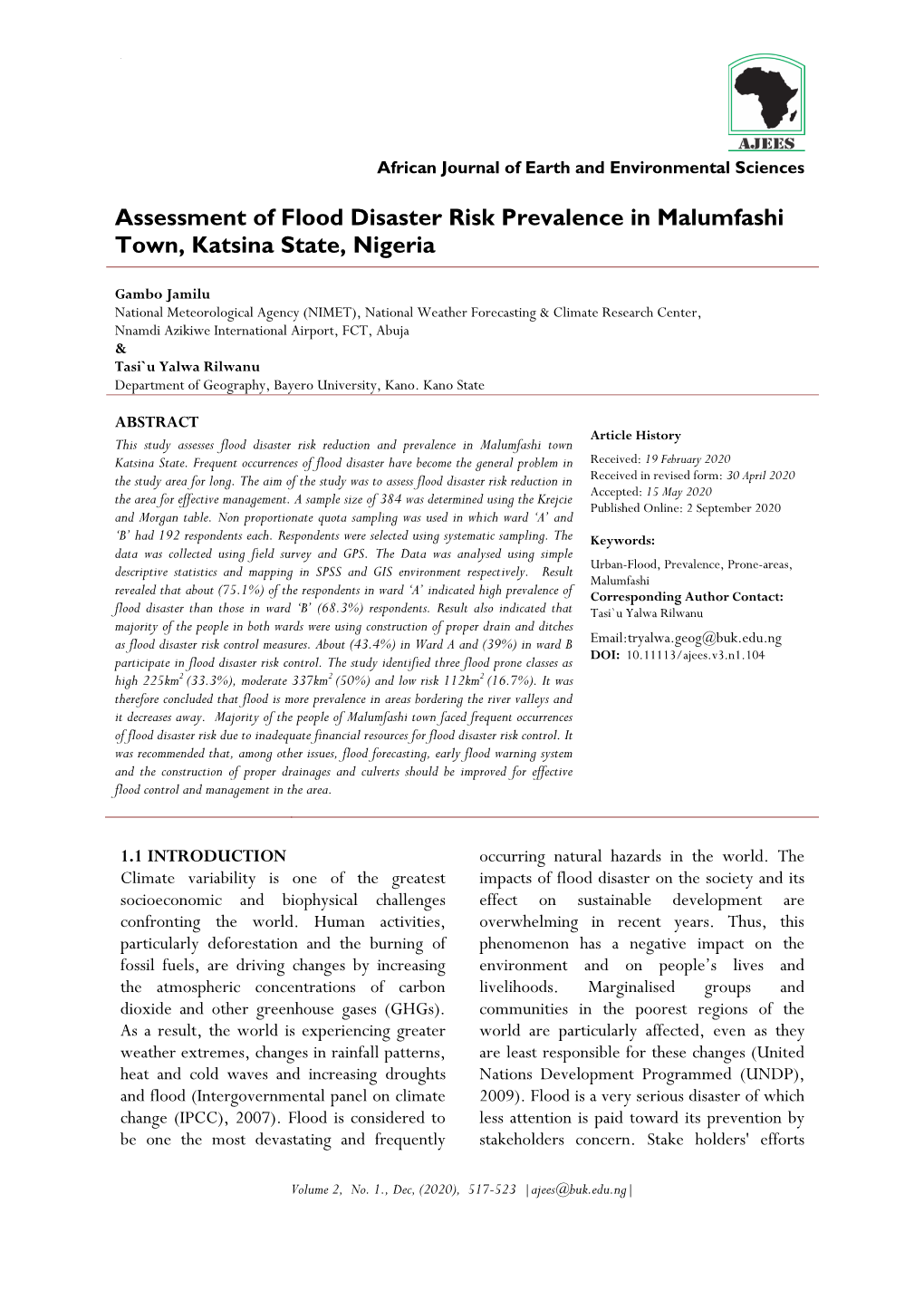 Assessment of Flood Disaster Risk Prevalence in Malumfashi Town, Katsina State, Nigeria