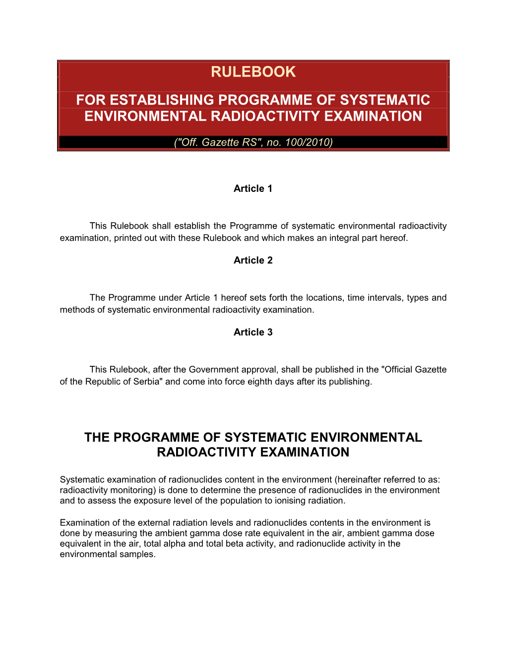 Rulebook for Establishing Programme of Systematic Environmental Radioactivity Examination