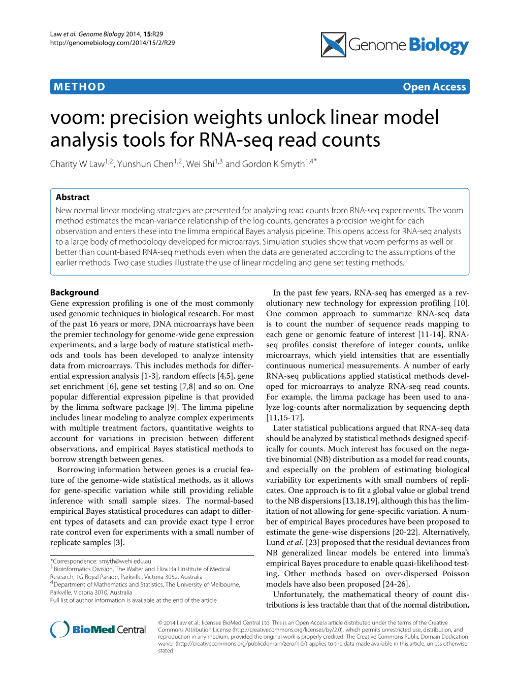 Voom: Precision Weights Unlock Linear Model Analysis Tools for RNA-Seq Read Counts Charity W Law1,2,Yunshunchen1,2,Weishi1,3 and Gordon K Smyth1,4*