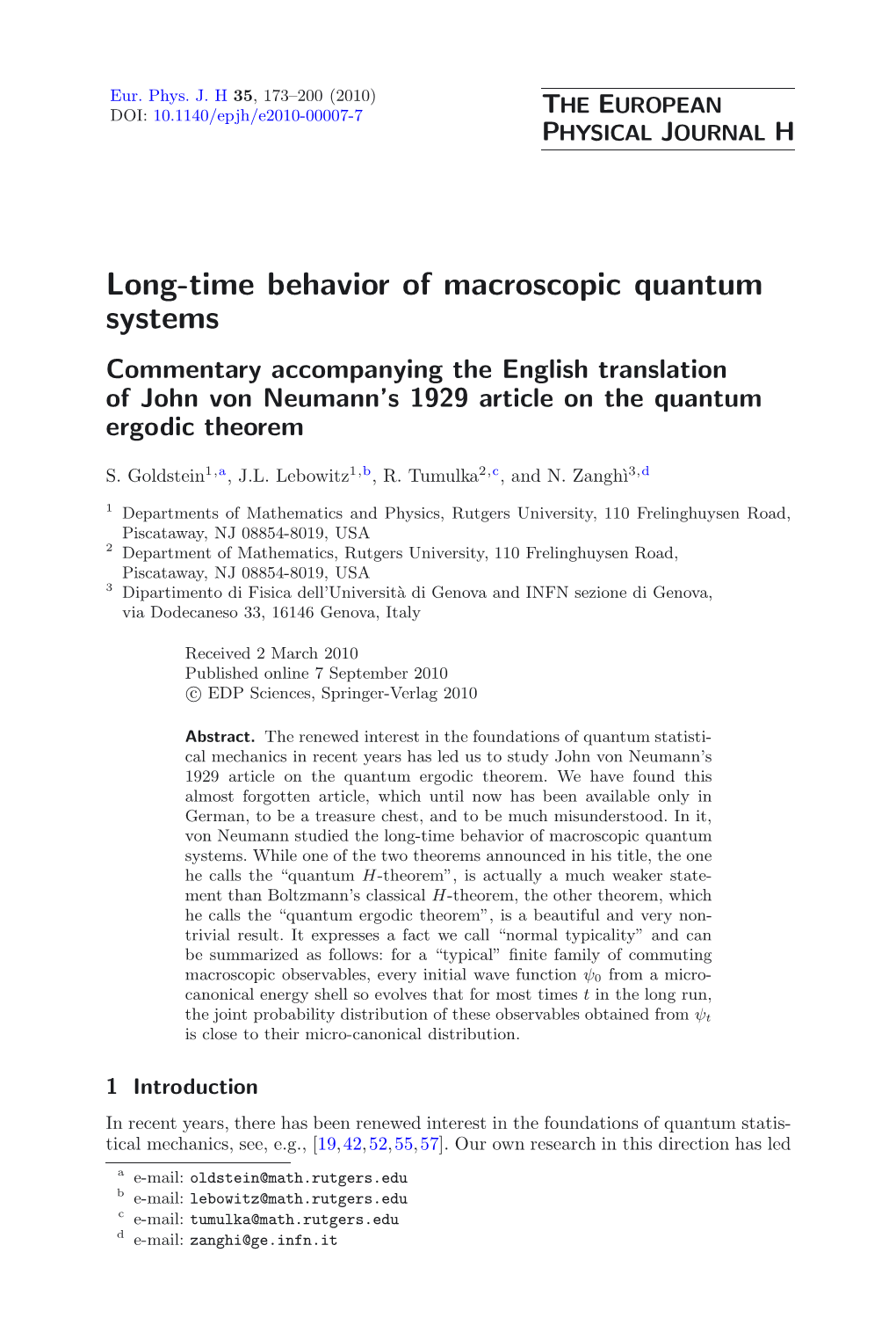 Long-Time Behavior of Macroscopic Quantum Systems Commentary Accompanying the English Translation of John Von Neumann’S 1929 Article on the Quantum Ergodic Theorem