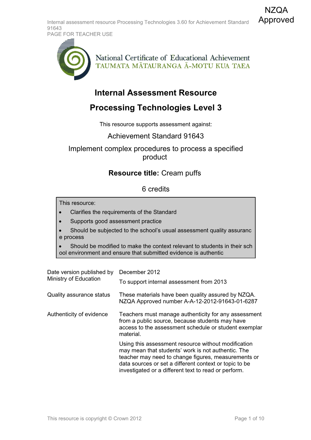 Level 3 Processing Technologies Internal Assessment Resource