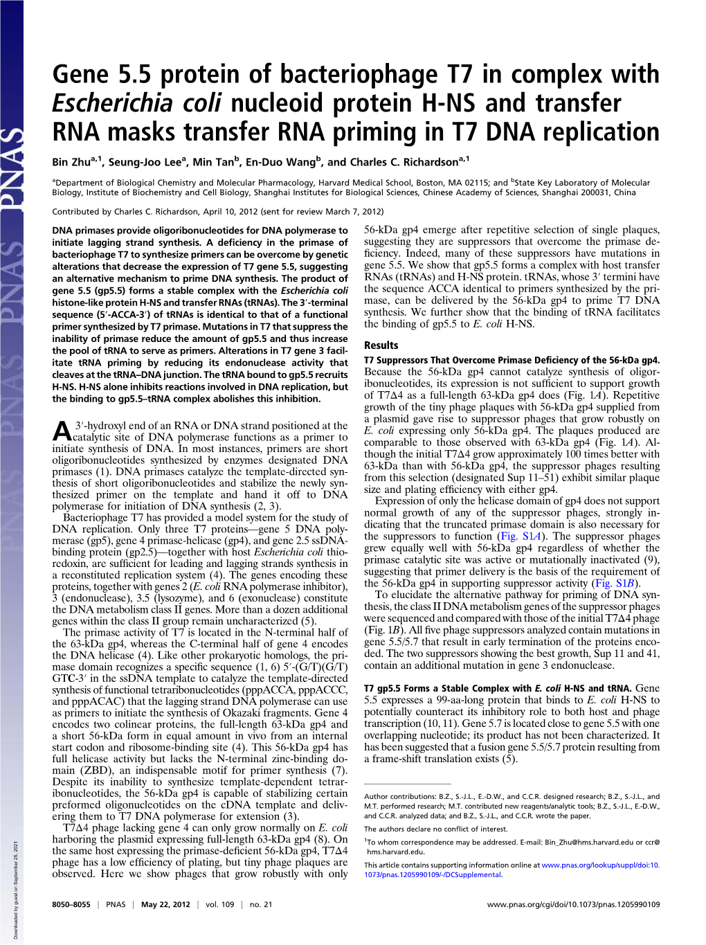 Gene 5.5 Protein of Bacteriophage T7 in Complex with Escherichia Coli Nucleoid Protein H-NS and Transfer RNA Masks Transfer RNA Priming in T7 DNA Replication