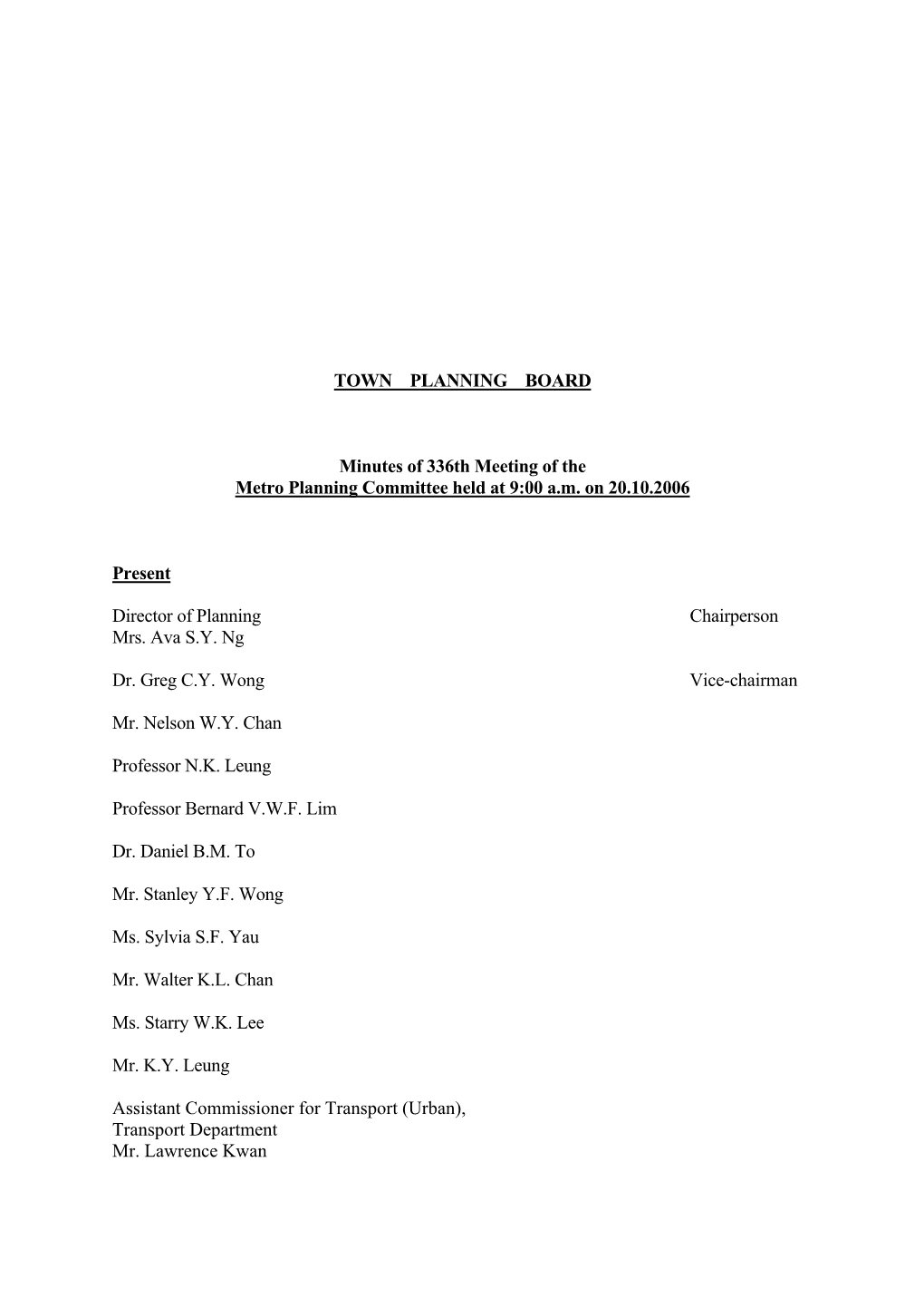 TOWN PLANNING BOARD Minutes of 336Th Meeting of the Metro Planning Committee Held at 9:00 A.M. on 20.10.2006 Present Director