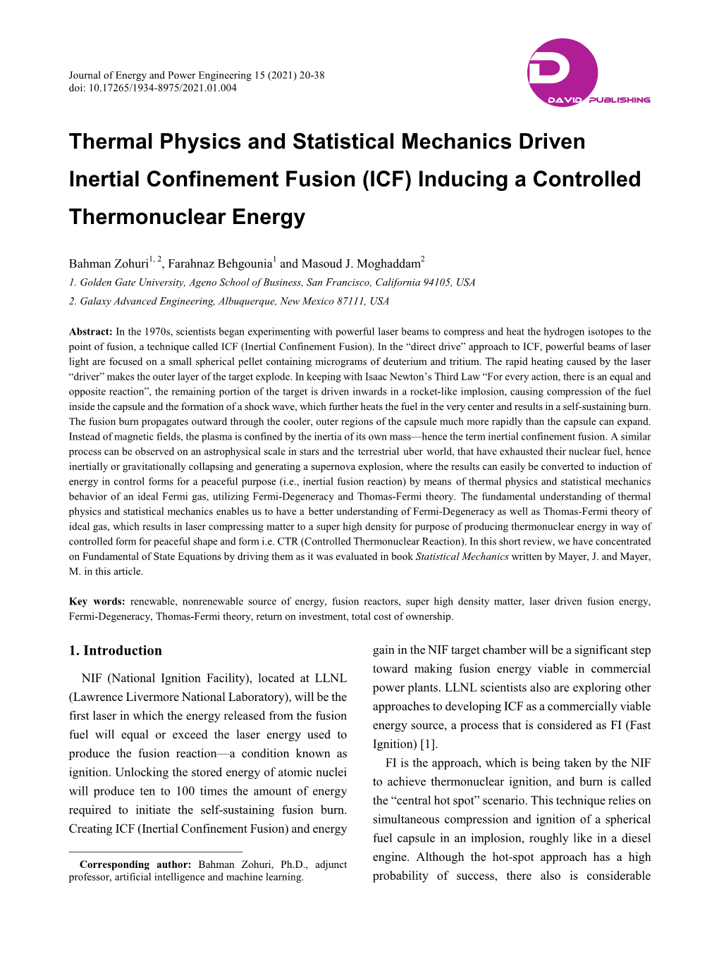 Thermal Physics and Statistical Mechanics Driven Inertial Confinement Fusion (ICF) Inducing a Controlled Thermonuclear Energy