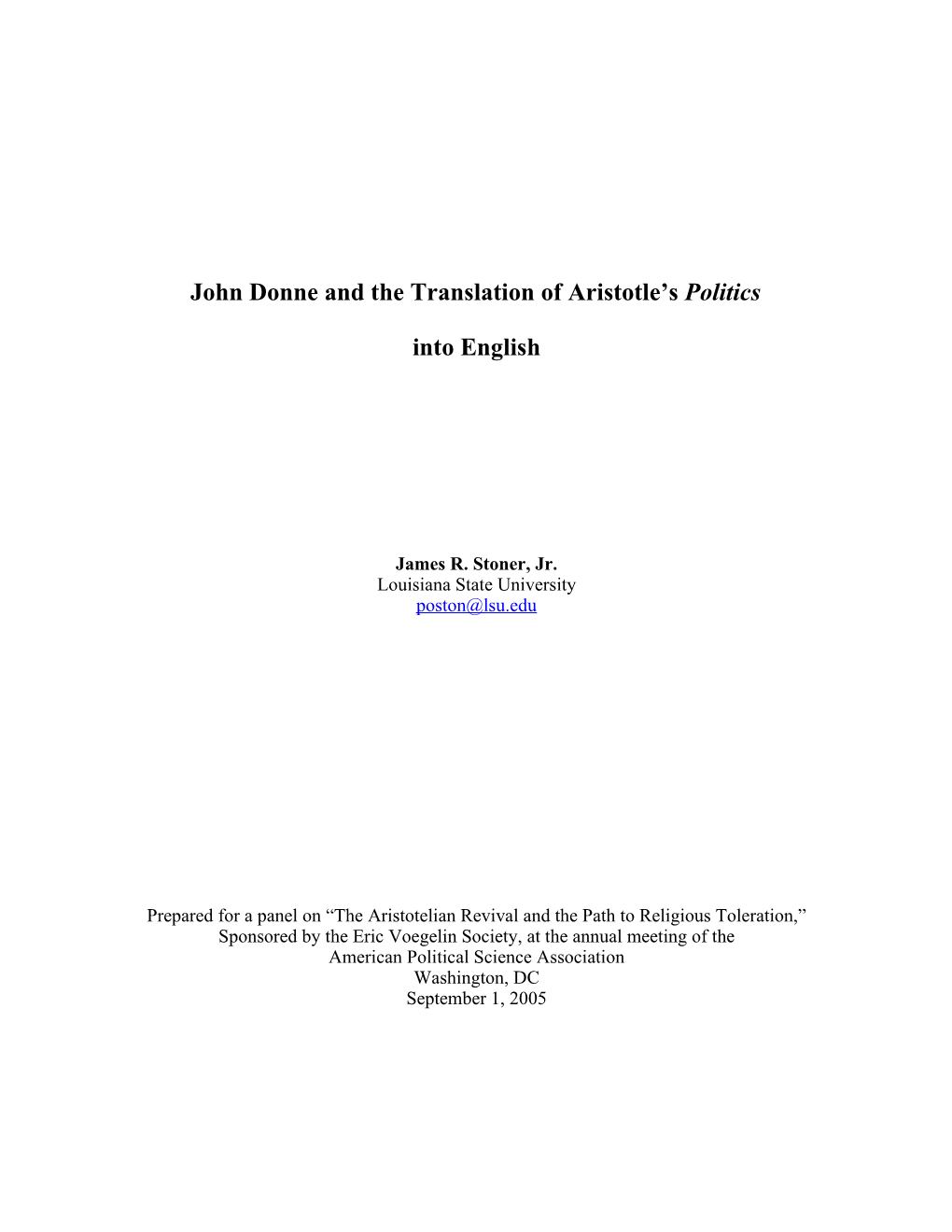 John Donne and the Translation of Aristotle's Politics