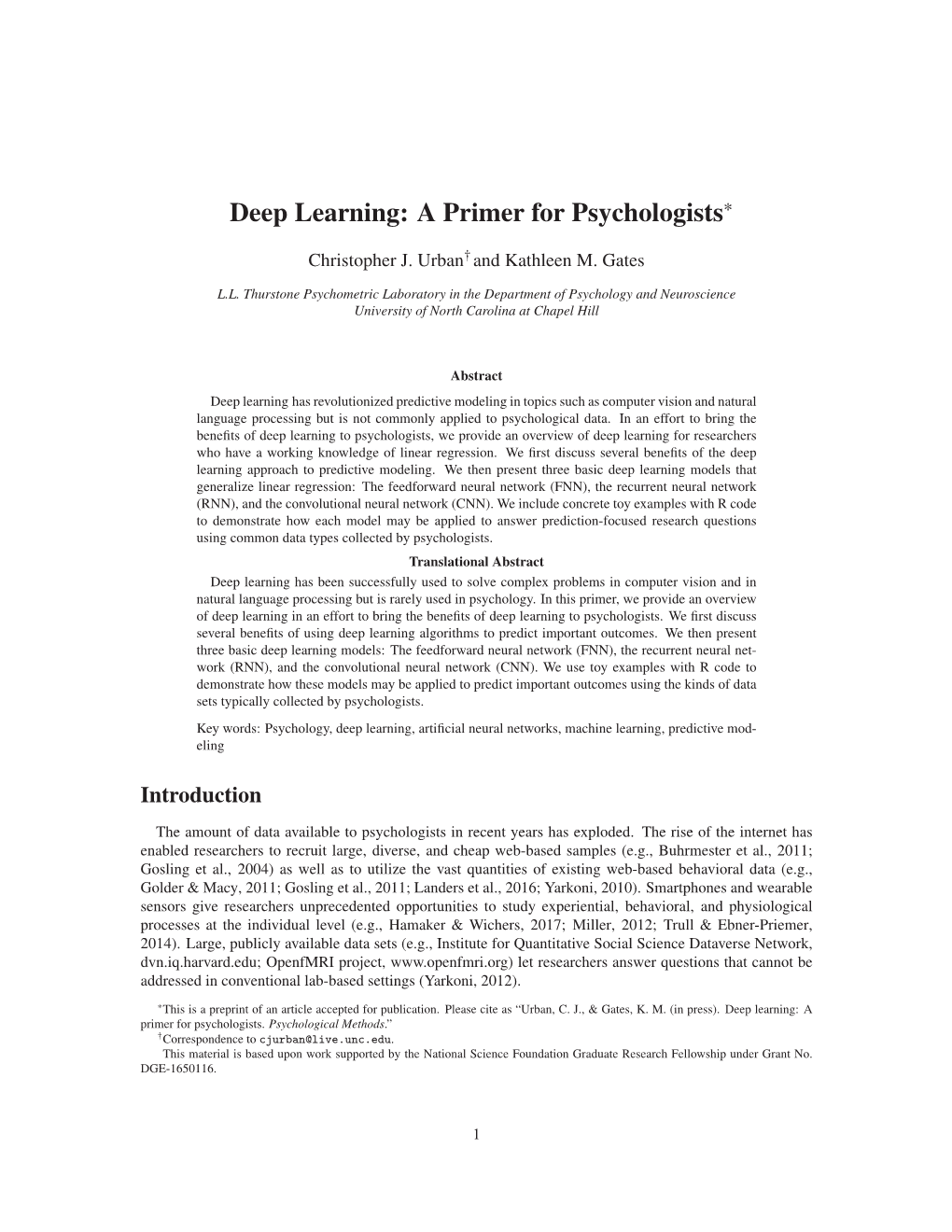 Deep Learning: a Primer for Psychologists*