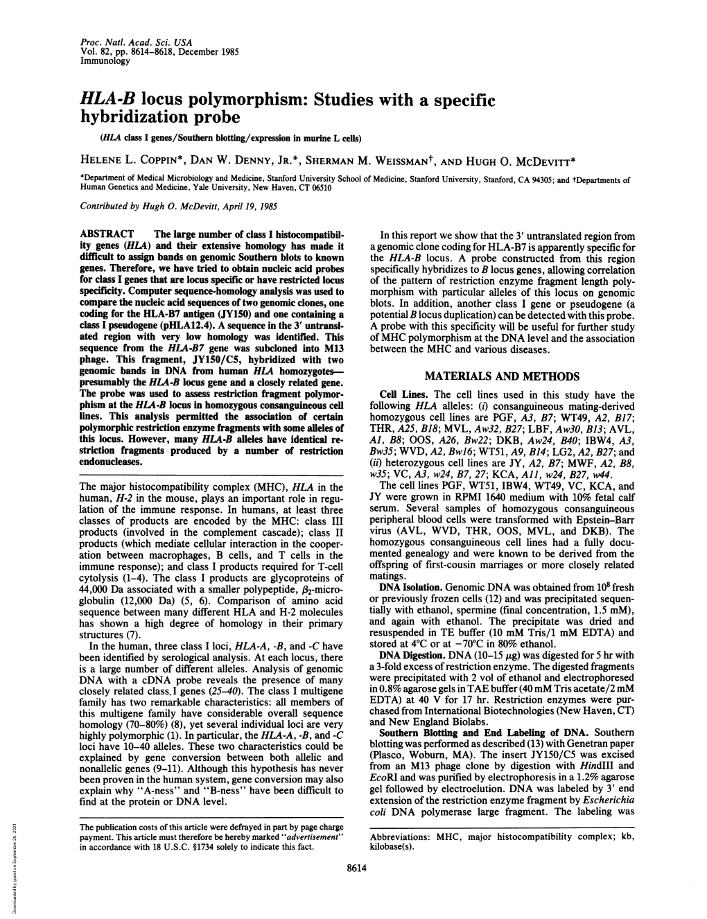 Hybridization Probe (HLA Class I Genes/Southern Blotting/Expression in Murine L Cells) HELENE L