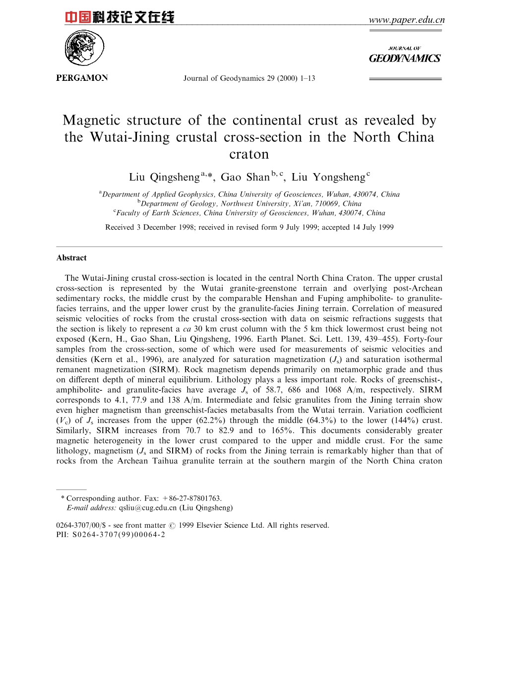 Magnetic Structure of the Continental Crust As Revealed by the Wutai-Jining Crustal Cross-Section in the North China Craton