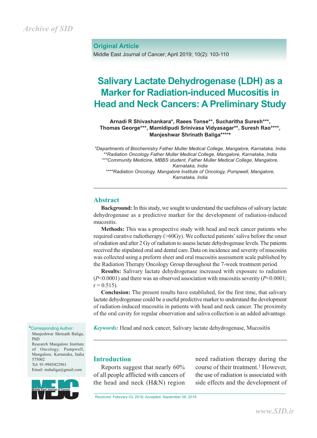 Salivary Lactate Dehydrogenase (LDH) As a Marker for Radiation-Induced Mucositis in Head and Neck Cancers: a Preliminary Study