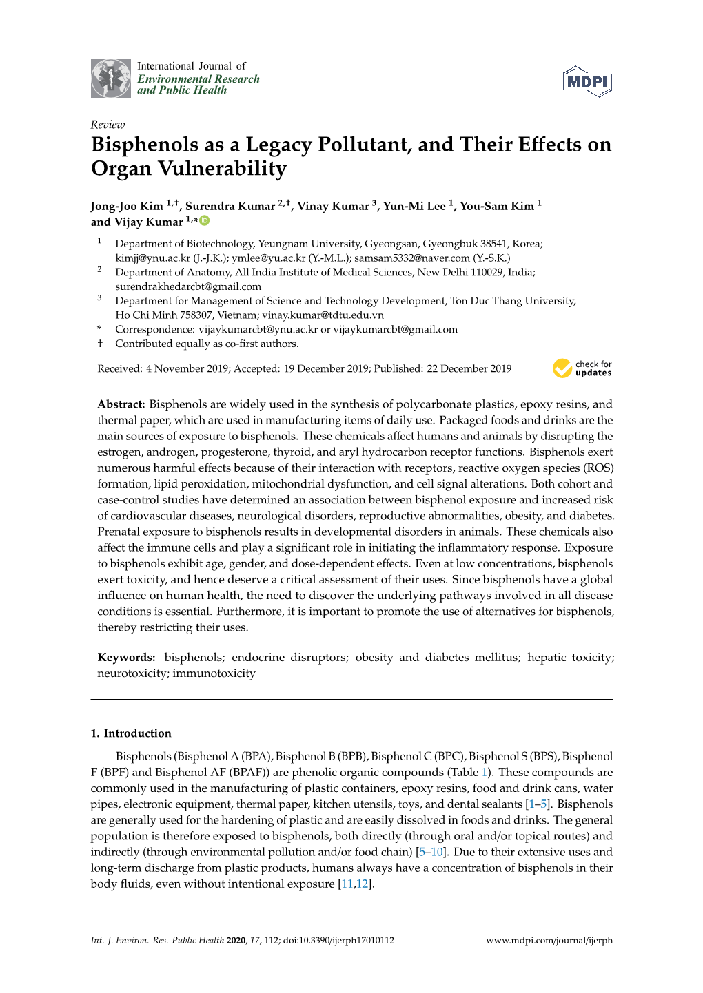 Bisphenols As a Legacy Pollutant, and Their Effects on Organ Vulnerability