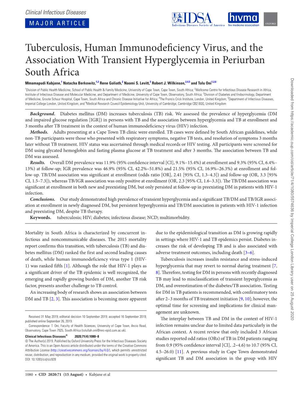 Tuberculosis, Human Immunodeficiency Virus, and the Association with Transient Hyperglycemia in Periurban