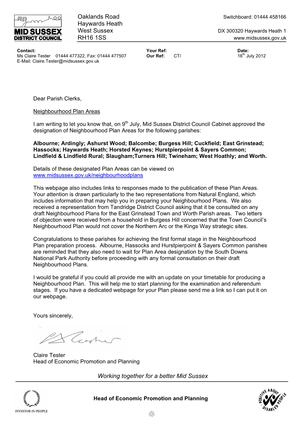 West Hoathly Neighbourhood Plan Designation Confirmation Letter