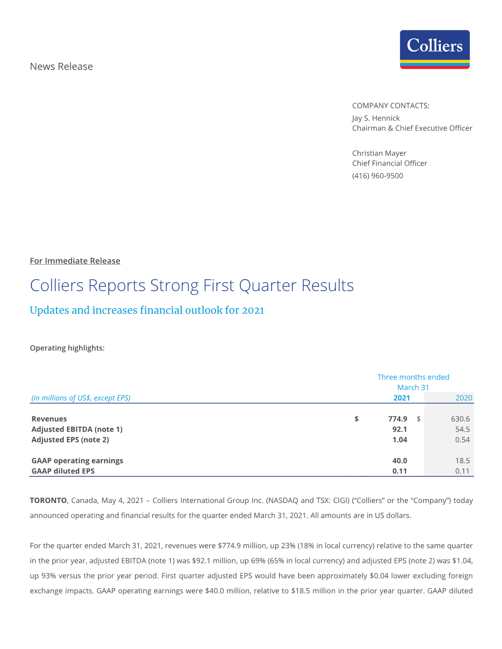 Colliers Reports Strong First Quarter Results
