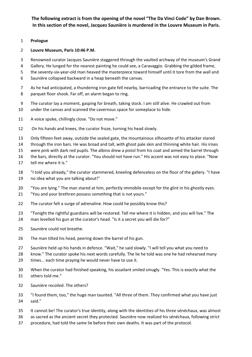“The Da Vinci Code” by Dan Brown. in This Section of the Novel, Jacques Saunière Is Murdered in the Louvre Museum in Paris