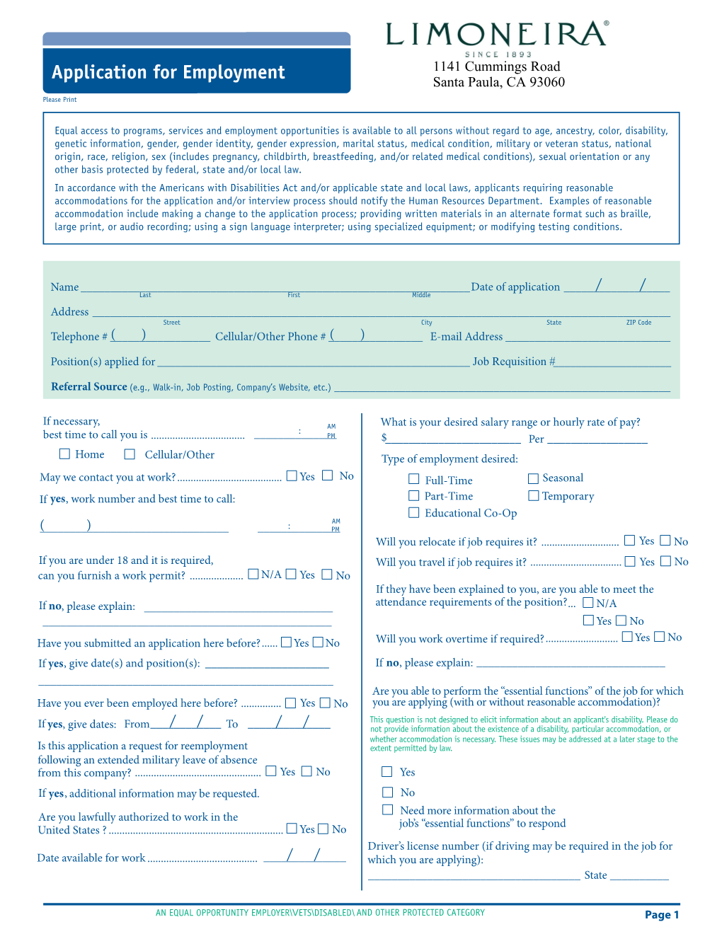 Application for Employment Santa Paula, CA 93060 Please Print