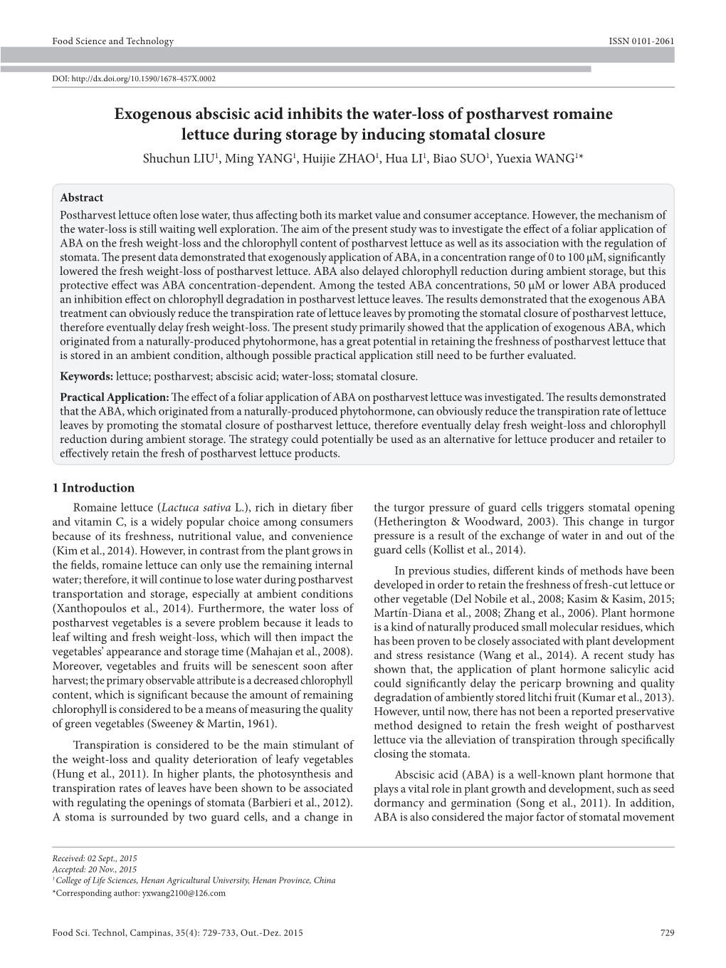 Exogenous Abscisic Acid Inhibits the Water-Loss of Postharvest Romaine